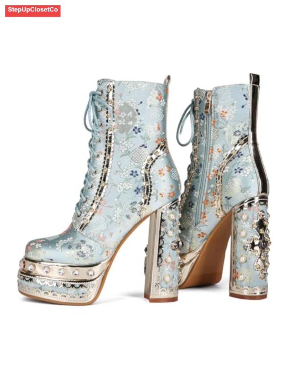 Women's Floral Embroidered Platform Lace Up Ankle Boots Block Heel - Picture 3 of 6